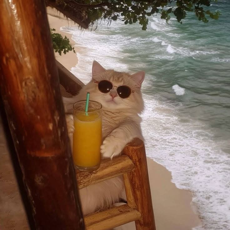 A very relaxed cat in sunglasses sitting at a beach bar with a glass of orange juice, watching the ocean